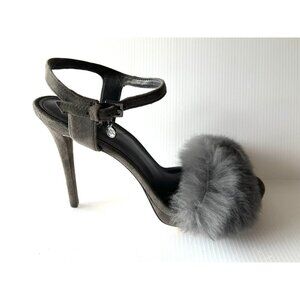Michael Kors Gray Strappy Stiletto Heels W/ Rabbit Fur Trim & Charm, Size 8 (US)